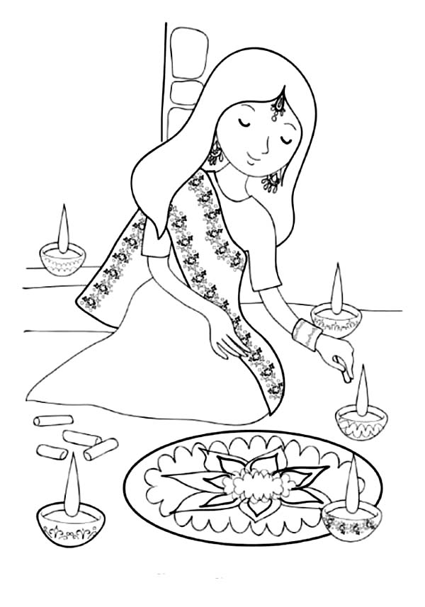 Girl Painting Rangoli for Diwali Festival Coloring Page