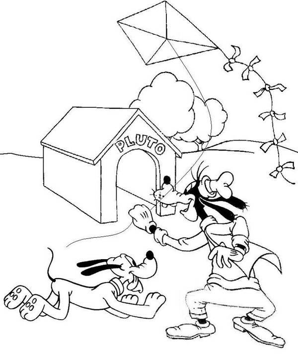 Goofy and Pluto Playing Kite Coloring Page
