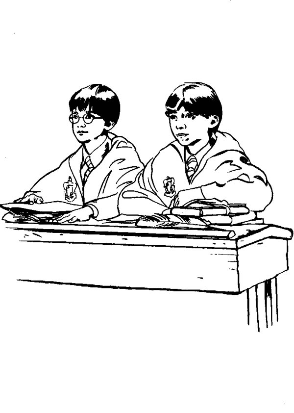 Harry Potter and Ron Weasley in the Class Coloring Page