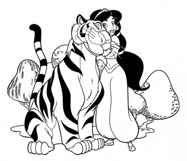 Jasmine with Her Tiger Rajah Coloring Page