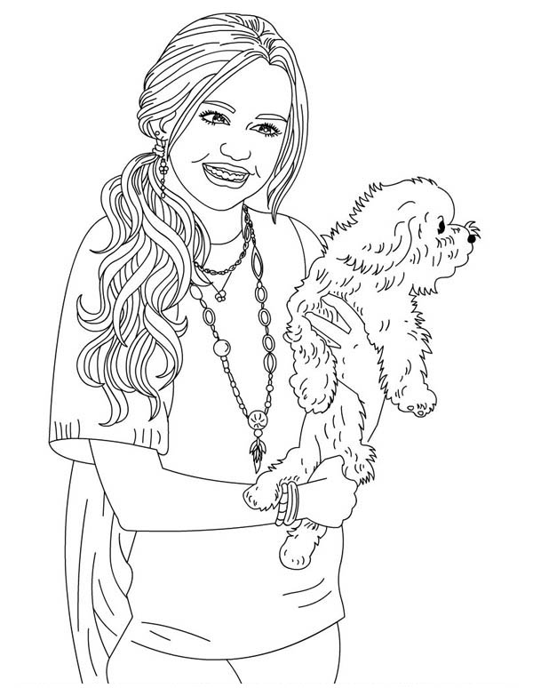 Miley and Her Cute Dog in Hannah Montana Coloring Page