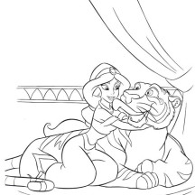 Rajah Lick Princess Jasmine for Taking Thorn Out of His Paw Coloring Page