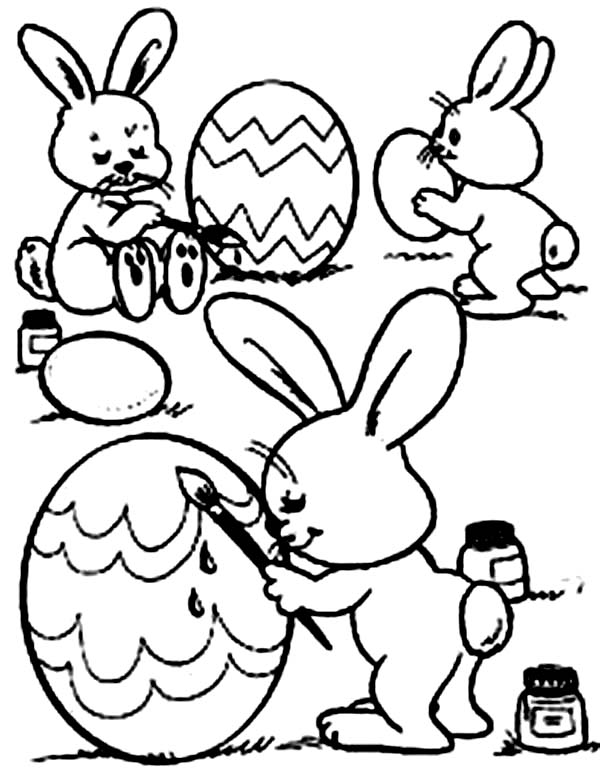 Three Rabbit Painting Easter Eggs Coloring Page