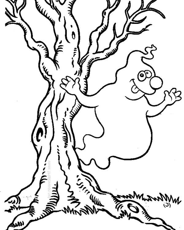 Hilarious White Ghost Beside the Tree on Halloween Day Coloring Page