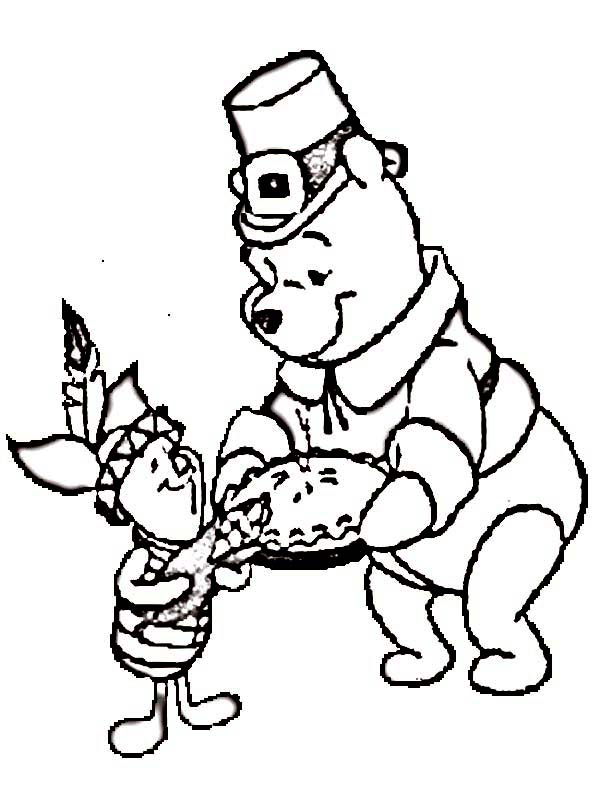 Winnie the Pooh and Piglet Celebrating Canada Thanksgiving Day Coloring Page