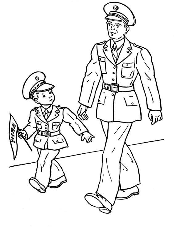Little Kid and His Dad Celebrating Veterans Day Coloring Page