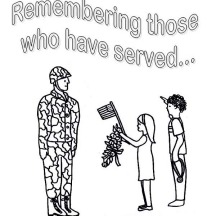 Little Kids Celebrating Veterans Day by Giving Flowers and Salute to Soldier Coloring Page