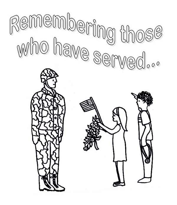 Little Kids Celebrating Veterans Day by Giving Flowers and Salute to Soldier Coloring Page