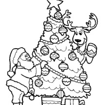 Santa Claus Decorating Christmas Tree with the Reindeer on Christmas Coloring Page