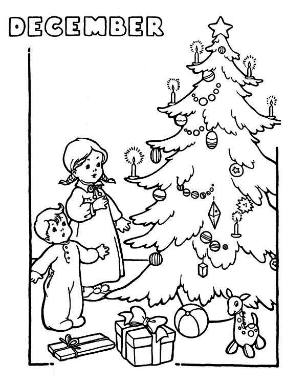 A Couple of Childrens Cheering the Christmas Trees on Winter Season Coloring Page