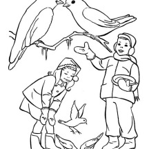 A Couple of Childrens Feeding Birds on Winter Season Coloring Page