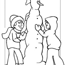 A Couple of Childrens Making Mr Snowman on Winter Season Coloring Page