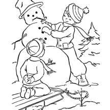 A Couple of Young Little Boy Making Mr Snowman on Winter Season Coloring Page