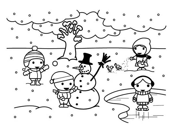 Childrens Playing Mr Snowman on Frozen Winter Season Lake Coloring Page