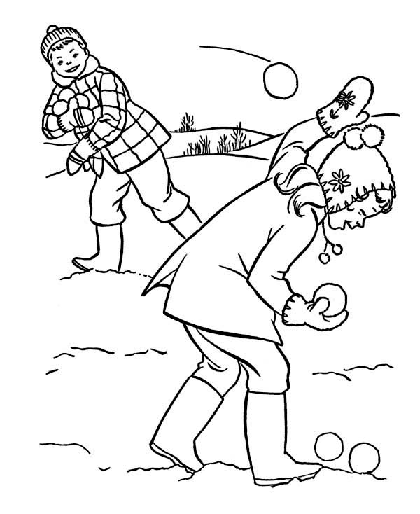 Snowball Fight with Friends During Winter Season Coloring Page - NetArt