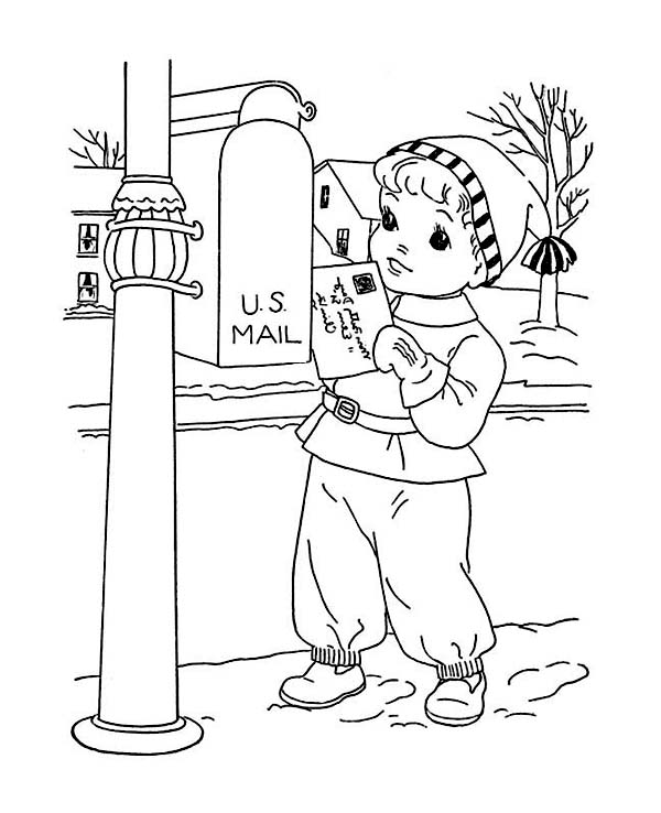 Young Little Kid Mailing Santa on Winter Season Christmas Present Coloring Page