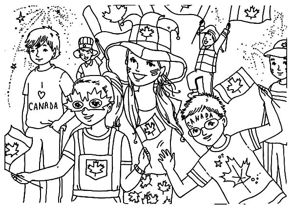Bunch of Kids Celebrating  Memorable Canada Day Coloring Pages