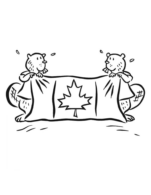 Cute Canadian Beavers Holding Flag for Memorable Canada Day Coloring Pages