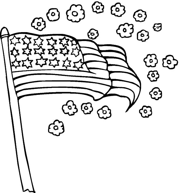 USA Flag and Flower for Independence Day Event Coloring Pages