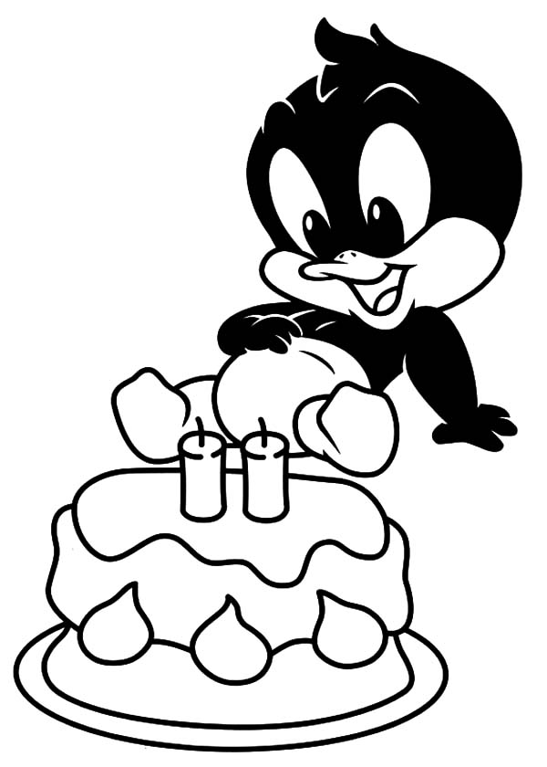 Baby Daffy Duck and Birthday Cake Coloring Pages