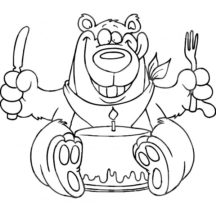 Birthday Bear Eating Chocolate Cake Coloring Pages