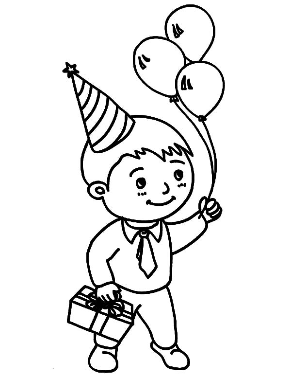 Boy Bring Three Balloons at Birthday Party Coloring Pages