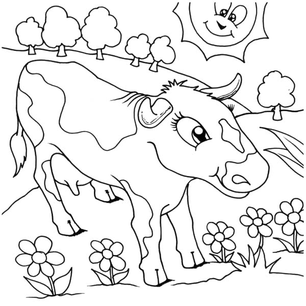 Dairy Cow at Flower Garden Coloring Pages