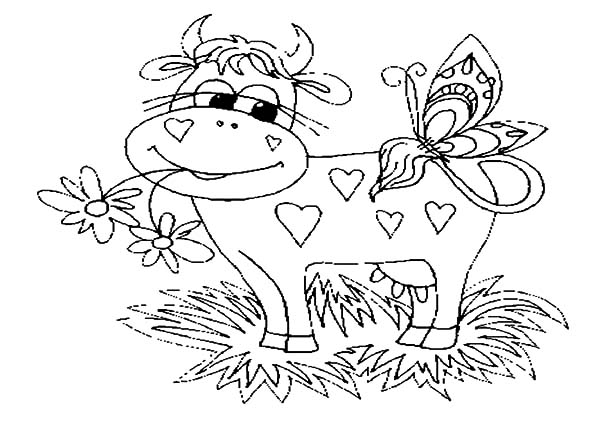 Dairy Cow in Love with Butterfly Coloring Pages