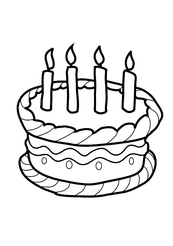 Four Candles on Birthday Cake Coloring Pages