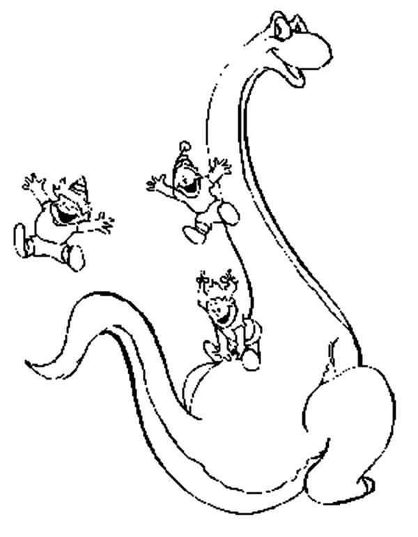 Kids Playing Slide on Diplodocus Back Coloring Pages