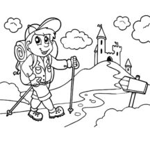 Little Kid Going Camping to Castle with Backpack Coloring Pages