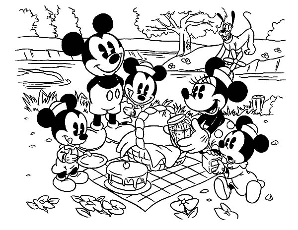 Mickey and Minnie Mouse Family Picnic Coloring Pages
