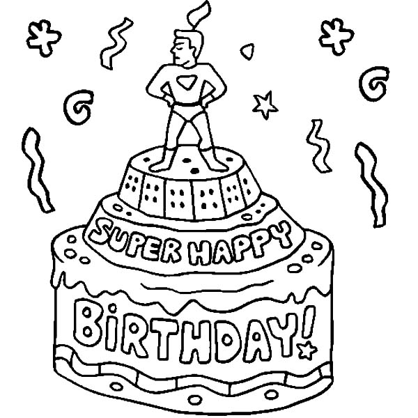 Super Hero Figure on Birthday Cake Coloring Pages